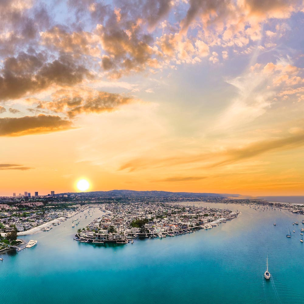 Aerial view of sunset over a port